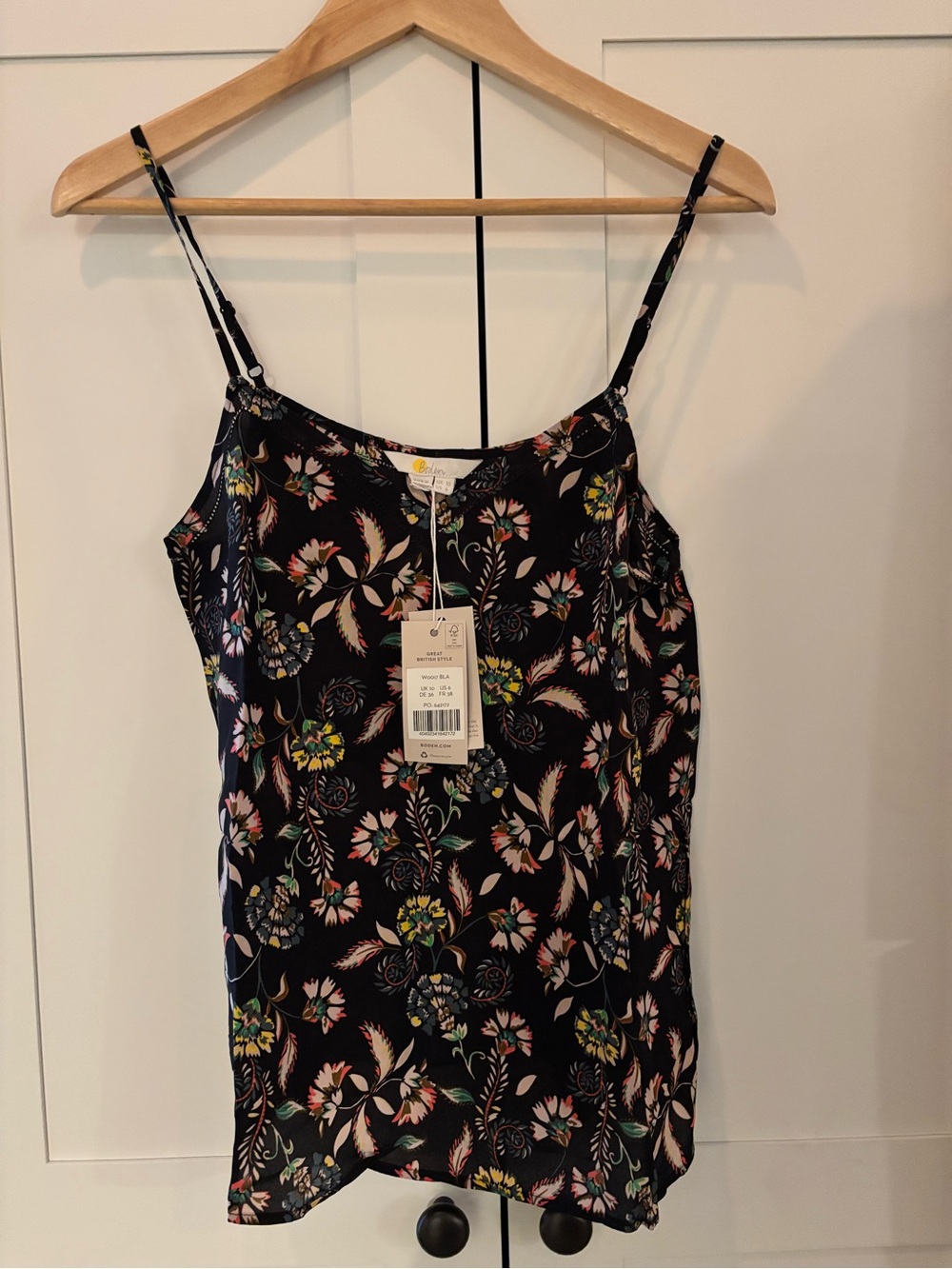 Boden Black Floral Spaghetti-Strap Cami with Pink, Green & Yellow Blooms